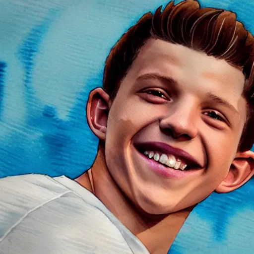 Prompt: “watercolor painting of tom holland smiling, high quality, octane render, trending on artstation, hd”