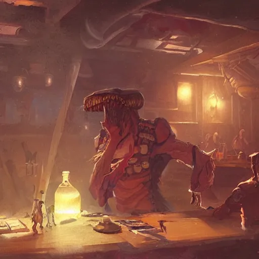 Image similar to An alien walks into a pirate tavern, fantasy art by Greg Rutkowski