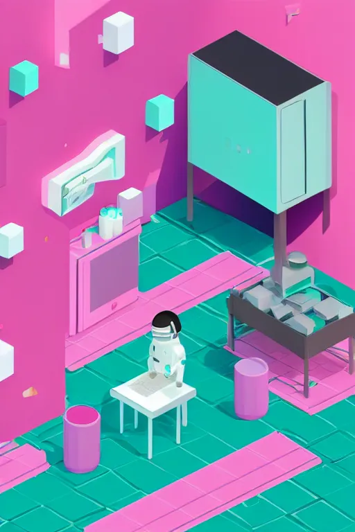 Prompt: A pastel pink low poly astronaut in an pastel green isometric room. .