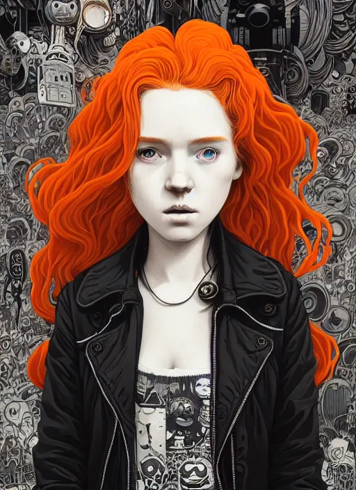Prompt: highly detailed portrait of a moody post - cyberpunk wavy ginger haired young lady, by james gilleard, by joe fenton, by greg rutkowski, by konstantin yuon, by kaws, by kate beaton, 4 k resolution, nier : automata inspired, bravely default inspired, gradient orange, black and white color scheme!!! ( ( graffiti tag wall background ) )