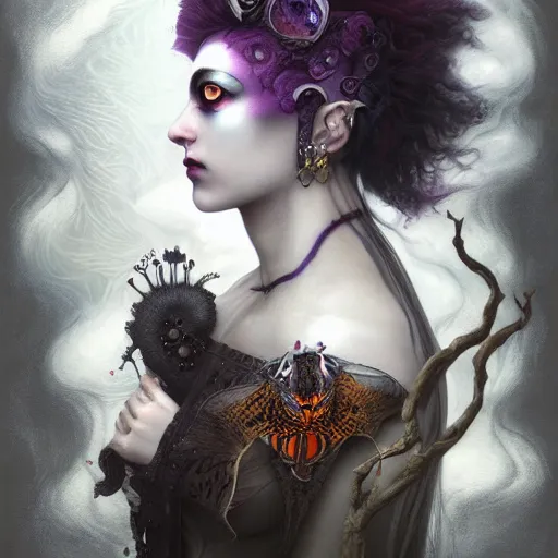 Prompt: tom bagshaw, soft painting fractal curiosities carnival, very beautiful female mutation tigress in full nightshade gothic armor, accurate features, focus, very intricate ultrafine details, black white purple volumetric clouds, award winning masterpiece, octane render 8 k hd