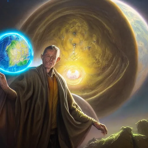 Image similar to the creator of worlds wearing a cloak and holding a holographic planet projection in his hand, detailed, sci - fi, digital painting, artstation, sharp focus, illustration, ominous, artgerm, tomasz alen kopera, peter mohrbacher, donato giancola, joseph christian leyendecker, wlop, frank frazetta