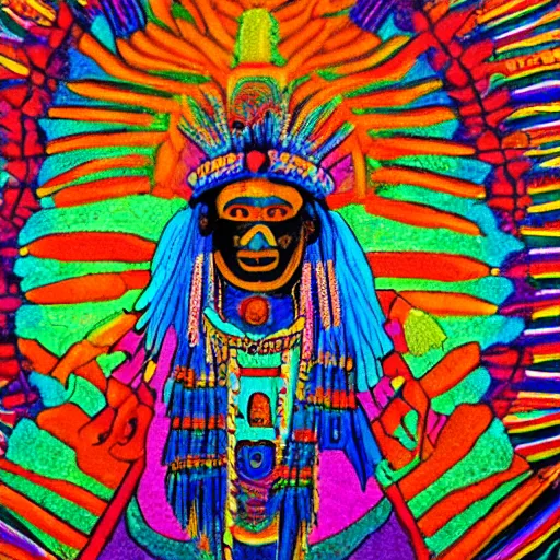 Image similar to a mayan holy man dressed in ceremonial garb on a vision quest, in a psychedelic landscape