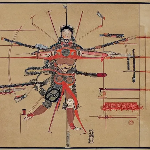 Image similar to a brilliantly colored Japanese scroll of an exploded diagram of a detailed engineering schematic of a cyborg samurai made by an AI in the pose vitruvian man in the style of jean giraud , post-processing , award winning, photo realistic, aged blood stains
