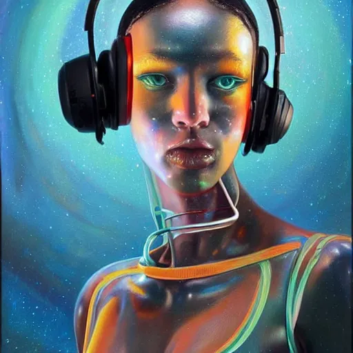 Prompt: sci - fi oil painting of sexy nubian goddess on roller skates in outer space with futuristic headphones, by guiseppe arcimboldo, by zdzislav beksinki, by james jean, by esao andrews, rich volumetric light, futuristic, cinematic, bladerunner, smooth,