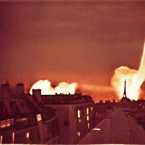 Prompt: Paris is bombed, over attacked nuclear bomb at night, photorealism photography Kodak 5219