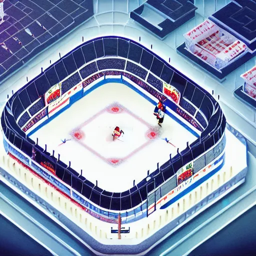 Image similar to Huge hockey arena game illustration, aerial view, isometric Voxel, pixel art, Blizzard, EASports, intricate, elegant, highly detailed, digital painting, artstation, concept art, smooth, sharp focus, art by Roman Klco and Shadow Run, brightly lit cinematic soft lighting, photorealistic