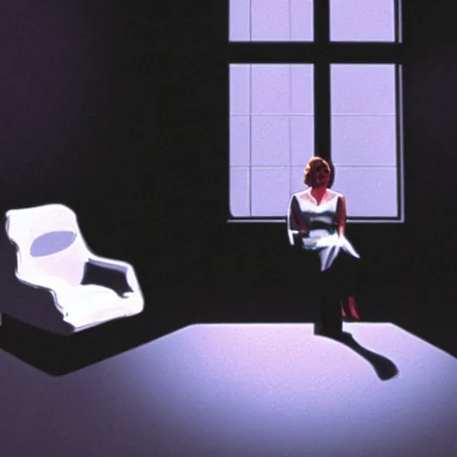 Image similar to a woman in a white dress sitting in a chair, concept art by john carpenter, volumetric lighting, photorealistic painting by jerry weiss, criterion collection