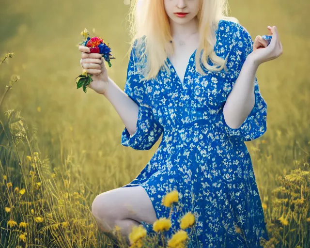 Image similar to pale beautiful young woman with bright blonde hair, freckles, blue eyes and a wide face, flowery dress, using a dslr camera, dramatic, art by anna nikonova