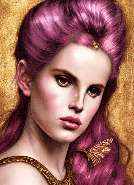 Image similar to portrait of lana del rey as a fae warrior princess with rose - gold hair wearing a knight's armour with iridescent fairy wings painted by bougereau, raphael, waterhouse and klimt in dark shadows, pink and gold tones, gold, ultra detailed. clear and symmetrical facial features ( face with reface ).