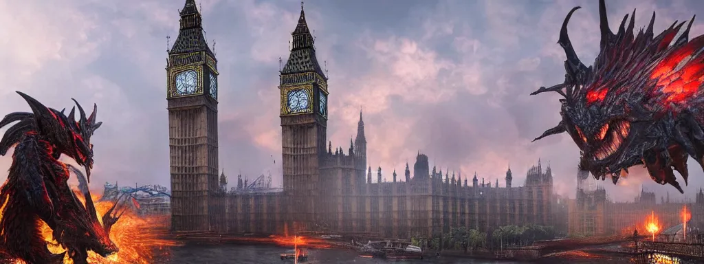 Image similar to large sinkhole in the middle of london westminster, big ben, with ancient glowing spiked wyvern flying creatures emerging from the hole, in the style of monster hunter world, like concept art on artstation, hyperdetailed, vray render, octane render,