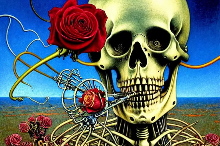 Image similar to realistic detailed portrait painting of a skeleton with a single rose wearing sci-fi helmet in a dystopian landscape by Jean Delville, Amano, Yves Tanguy, Alphonse Mucha, Ernst Haeckel, Edward Robert Hughes, Roger Dean, rich moody colours, blue eyes