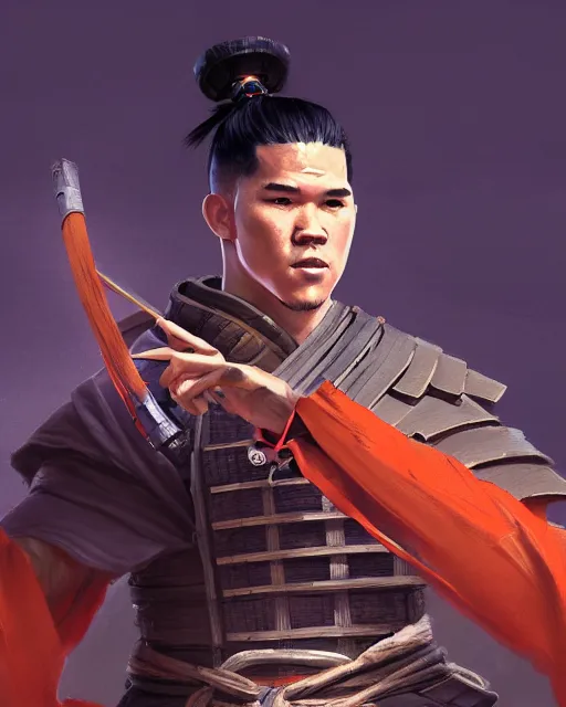 Prompt: portrait of devin booker as a ronin samurai, wearing a haori, by wlop and peter mohrbacher, dramatic action pose, extremely detailed shading, concept art, digital painting, trending on artstation, atmosphere, glow, cinematic lighting, full of color