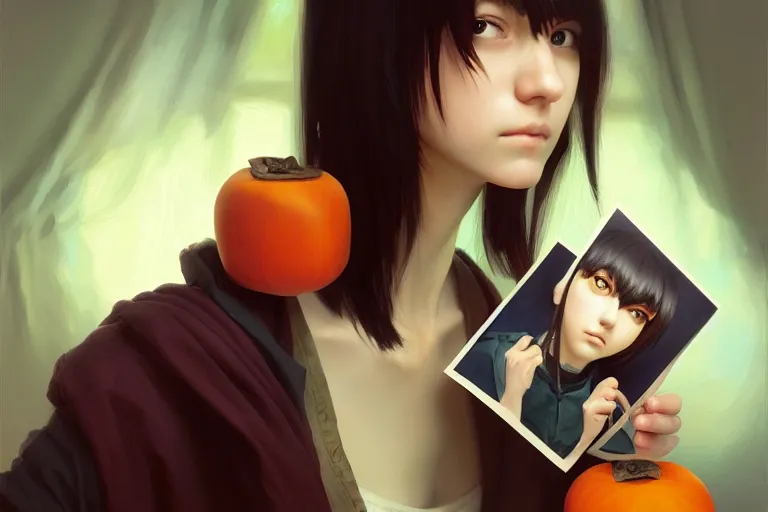 Prompt: tall emo girl artist holding small portraits and a persimmon, on shinkansen in tokyo. hyper detailed, digital art, artstation, cinematic lighting, studio quality, smooth render, by caravaggio, artgerm, greg rutkowski, craig mullins