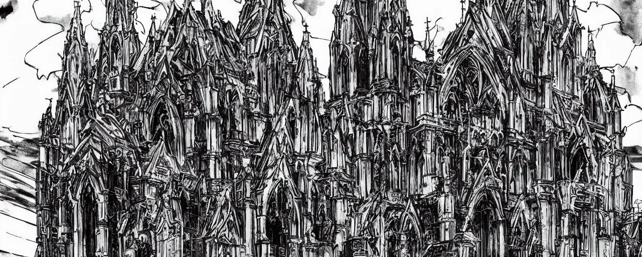 Image similar to gothic church, megalopolis, destroyed city, ultra detailed, miura kentaro style, tsutomu nihei style,