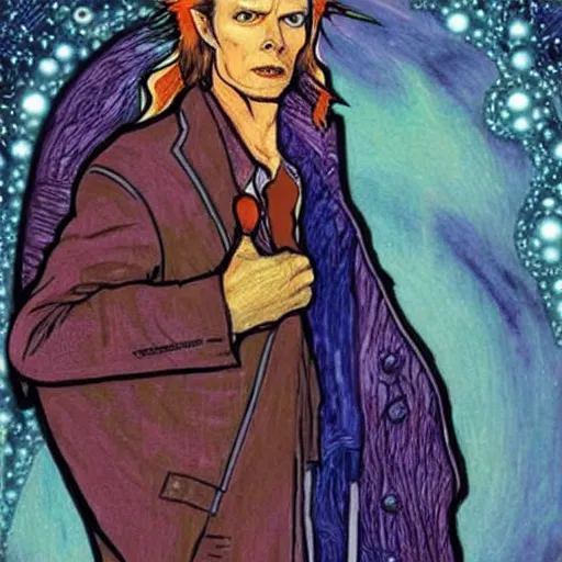 Image similar to david bowie as dr who, mucha style,