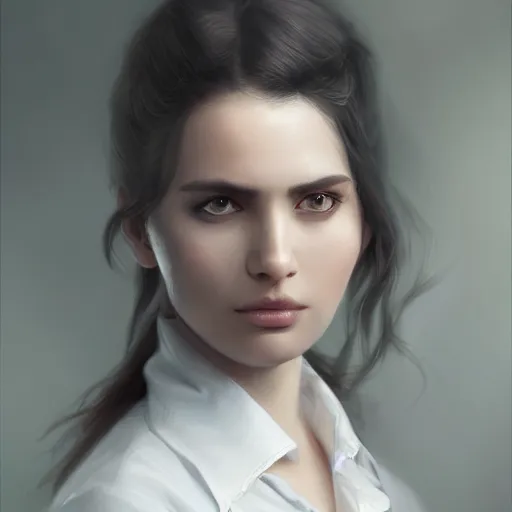 Prompt: epic portrait an woman wearing a white blouse with short sleeves and a black tie, beauty, pretty face, glossy skin, brown tied hair, digital painting, artstation, concept art, soft light, hdri, smooth, sharp focus, illustration, fantasy, intricate, elegant, highly detailed, D&D, matte painting, in the style of Greg Rutkowski and Alphonse Mucha and artemisia, 8k, highly detailed, jurgens, rutkowski, bouguereau, pastoral, rustic, georgic, detailed concept art, illustration, colorful pastel, painting, detail, ultra detailed, digital art, 4K,