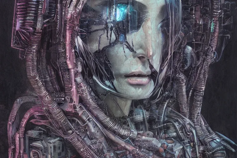 Image similar to highly detailed concept art of neuromancer characters, dystopian post - apocalyptic retrofuturistic neon vibe, an ultrafine detailed painting by hans giger and wayne barlowe, trending on deviantart, pop surrealism, whimsical, lowbrow, perfect symmetrical face, sharp focus, octane, masterpiece