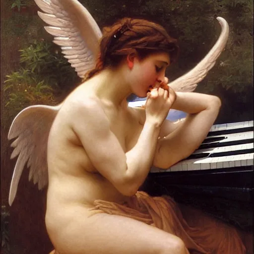 Image similar to an oil painting of an angel playing a Korg keyboard, by Bouguereau, highly detailed and intricate,