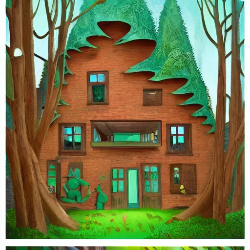 Prompt: a house with a facade full of holes, lush canadian forest in the background, childrens book art, trending on artstation, illustration