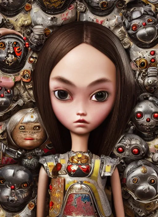 Prompt: closeup portrait of tin toy ninja girl trap, depth of field, zeiss lens, detailed, symmetrical, centered, fashion photoshoot, by nicoletta ceccoli, mark ryden, lostfish, breathtaking, 8 k resolution, extremely detailed, beautiful, establishing shot, artistic, hyperrealistic, octane render