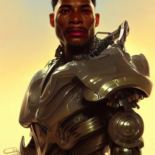 Image similar to ultra realistic illustration, a african american male cyborg soldier, intricate, elegant, highly detailed, digital painting, artstation, concept art, smooth, sharp focus, illustration, art by artgerm and greg rutkowski and alphonse mucha