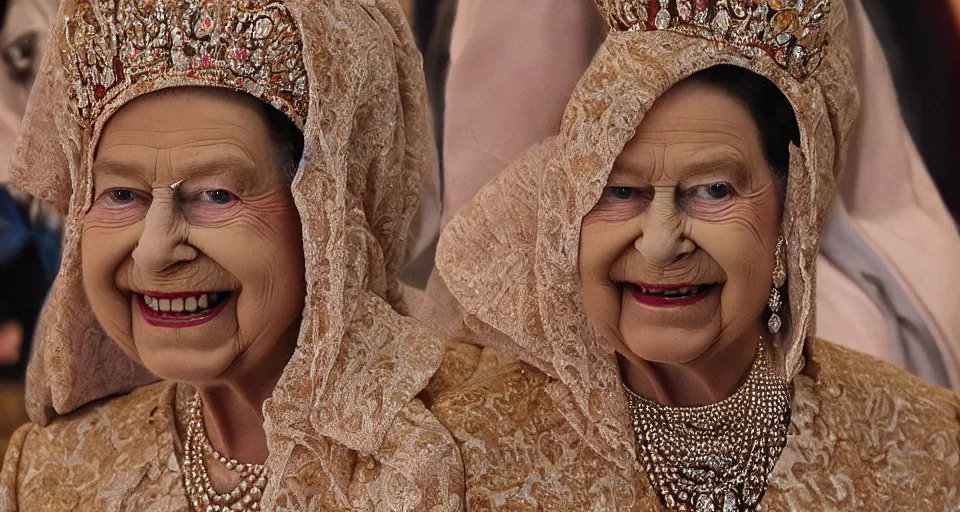 Image similar to the queen wearing a bakini, 4k, photorealistic, hyper detailed