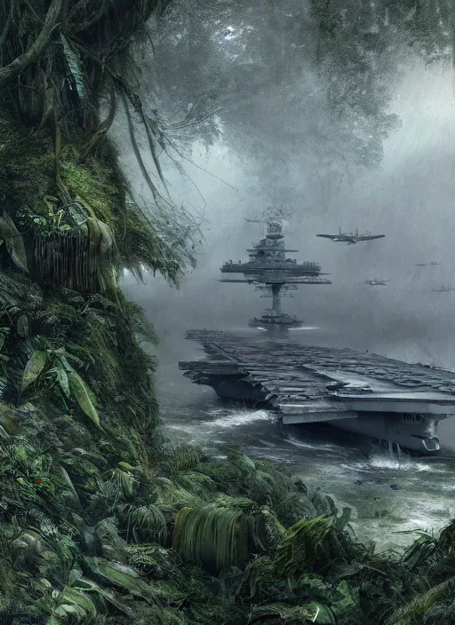 Prompt: aircraft carrier USS Nimitz overgrown with vegetation laying on the ground of a tropical forest, post appocalyptic, by Luis Royo, by Greg Rutkowski, dark, gritty, intricate, cover illustration, concept art, volumetric lighting, volumetric atmosphere, sharp focus, octane render, trending on artstation, 8k