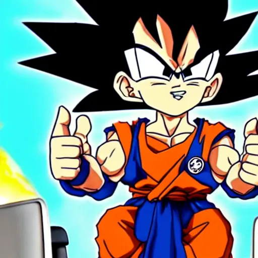 Image similar to goku in a wheel chair after being defeated by vegeta thumbs up