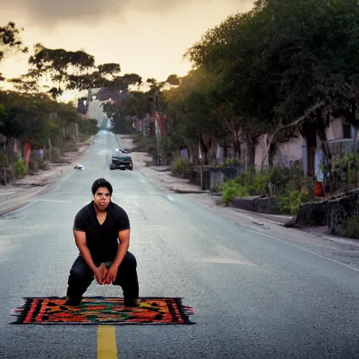 Image similar to empty street, kneeling mayan jaguar warrior, portrait, at dawn, by addy campbell, cinematography by quetzalcoatl