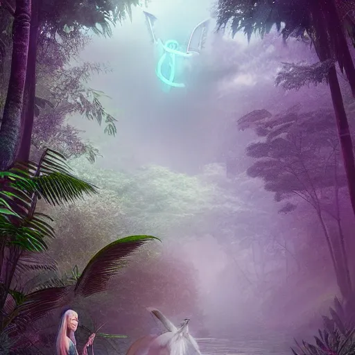 Prompt: a unicorn in a misty jungle, hyperdetailed, photorealist, artstation, vaporwave