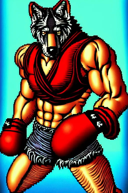 Prompt: extreme long shot. 8 bit nes graphics. antropomorphic muscular masculine wolf. kickboxer fighter, in shorts. wolf head. streetfighter, contra. fine details, very sharp, art from nes game cartridge, 8 0's, vhs artefacts, vaporwave style, marc simonetti and hermann nitsch