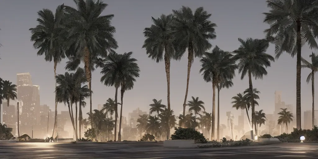 Prompt: a large building surrounded by palm trees at night, Los Angeles, behance, modernism, playstation 5 screenshot, concept art, vray