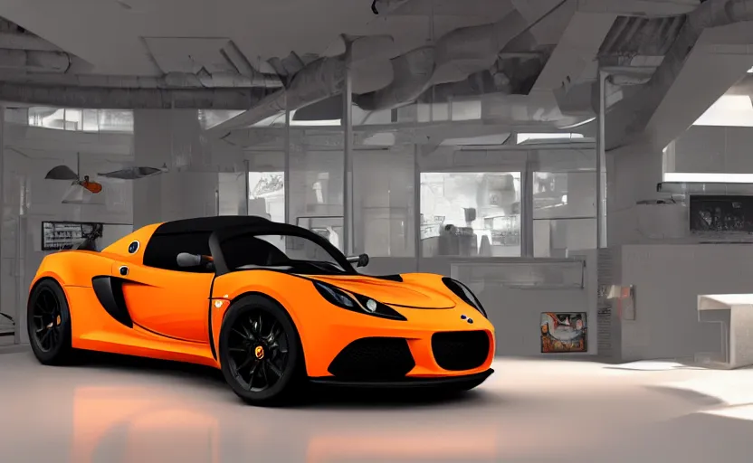 Image similar to futuristic lotus exige ( ( orange ) ) parked within interior view of futuristic auto showroom ( ( frank lloyd wright ) ) luminescent concept art, unreal engine 5, artstation highly detailed, digital art, 8 k hdr, soft lighting, hyperrealistic, godrays