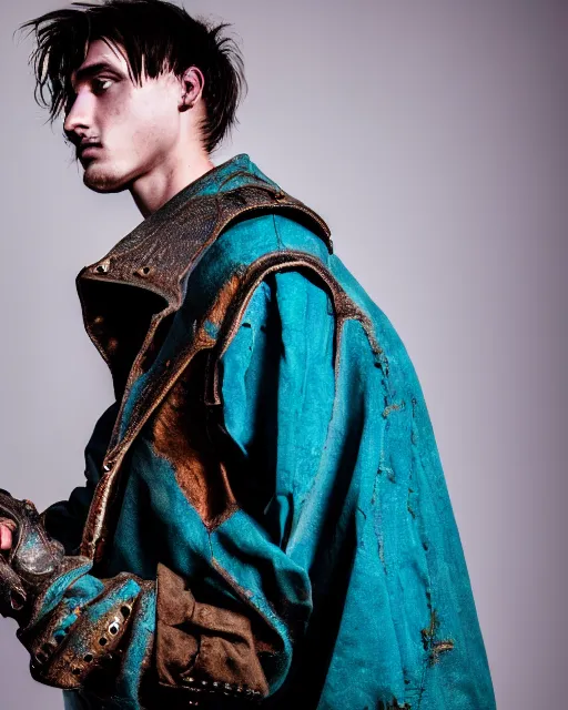 Prompt: an award - winning photo of a male model wearing a baggy teal distressed medieval menswear moto jacket inspired by medieval armour designed by issey miyake, 4 k, studio lighting, wide angle lens