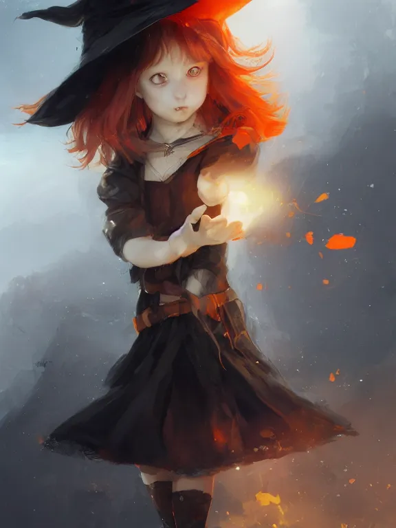 Image similar to Full shot of a cute mischievous young witch about to get up to some trouble. Black and Orange palette. By Ruan Jia and Artgerm and Range Murata and WLOP and CLAMP. Key Art. Fantasy Illustration. award winning, Artstation, intricate details, realistic, Hyperdetailed, 8k resolution.