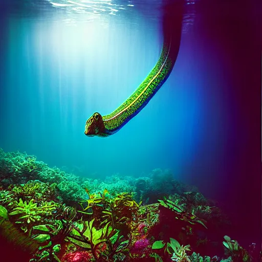 Image similar to dreamlike film photography of a rainforest undergrowth at night underwater in front of colourful underwater clouds by Kim Keever. In the foreground floats a seasnake. low shutter speed, 35mm