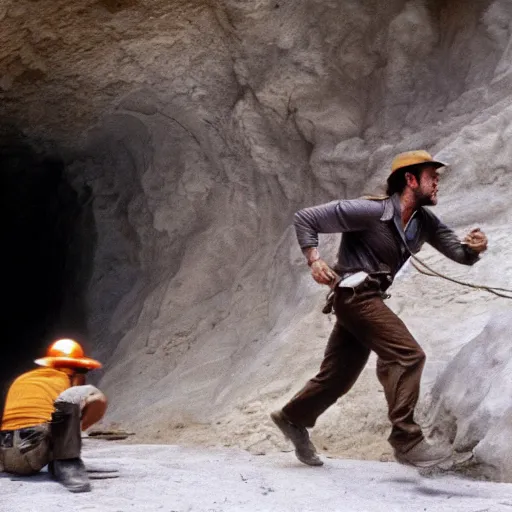 Image similar to indiana jones running away from a construction worker in a cave