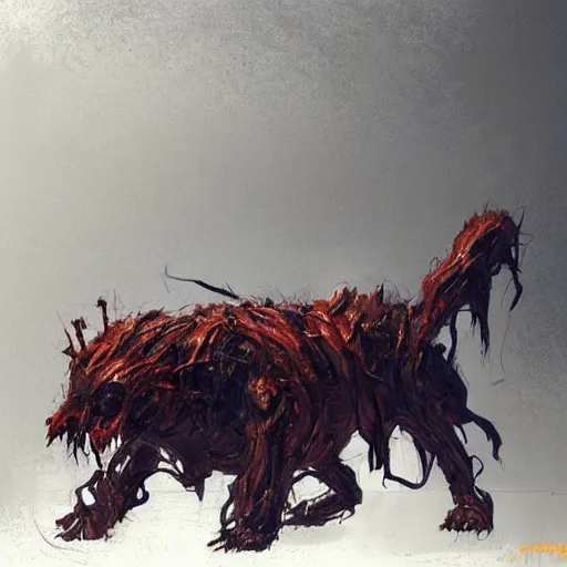 Image similar to concept art by greg rutkowski, dog - shaped monster made of twisted flesh and reddish ooze, roaming the colony, looking rabid, in a claustrophobic, futuristic and brutalist environment, frightening and creepy atmosphere, scifi, highly detailed portrait, digital painting, artstation, concept art, smooth, sharp foccus ilustration, artstation hq