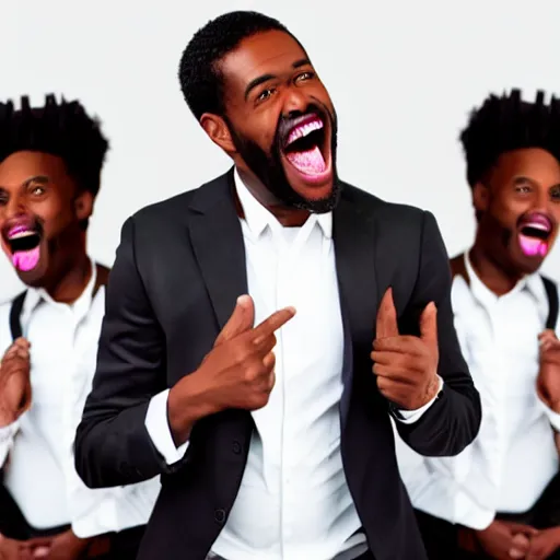 Image similar to a black man singing with all teeth shown, cartoonish