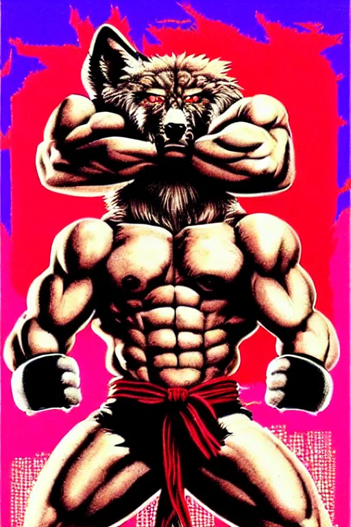Prompt: extreme long shot. 8 bit nes graphics. antropomorphic muscular masculine wolf. kickboxer fighter, in shorts. wolf head. fine details, very sharp, art from nes game cartridge, 8 0's, vhs artefacts, vaporwave style, marc simonetti and hermann nitsch. streetfighter, kung fury