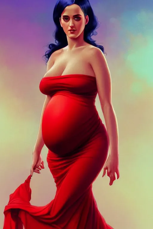 Image similar to pregnant katy perry in a red dress, realistic portrait, symmetrical, highly detailed, digital painting, artstation, concept art, smooth, sharp focus, illustration, cinematic lighting, art by artgerm and greg rutkowski and alphonse mucha