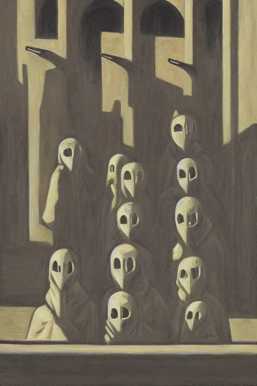 Image similar to fine illustration of five hooded disciples in masks praying to a fascist monument in a brutalist courtyard, lit from below, twilight, lowbrow surrealism, PJ Crook, Edward Hopper oil on canvas