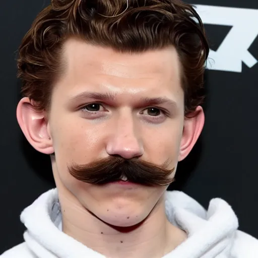 Image similar to tom holland with a big curly mustache