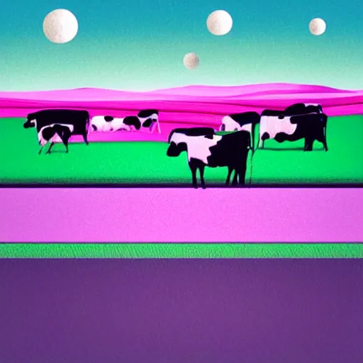 Image similar to cows being abducted by ufo in summer night from pasture. aerial view with blank billboard, minimalism, precisionist in style of patrick nagel, purple and green gamma with pink contrast