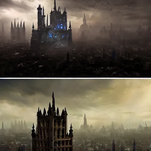 Image similar to an ultra detailed matte painting of a lonely and impossibly tall ominous gothic dark citadel tower of the evil patriarch, in the style of magic the gathering, in a river elevated high above the city, gaslight fantasy capital city, ultrawide lense, aerial photography, scary thunderstorm, exquisite detail, 8 k, art by greg rutkowski and alphonse mucha