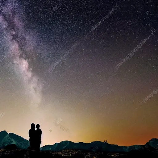 Prompt: a beautiful landscape showing mountains, stars and galaxies in the background. The silhouet of a young couple sits in the foreground