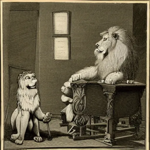 Prompt: an anthropomorphic lion chairing an aa meeting