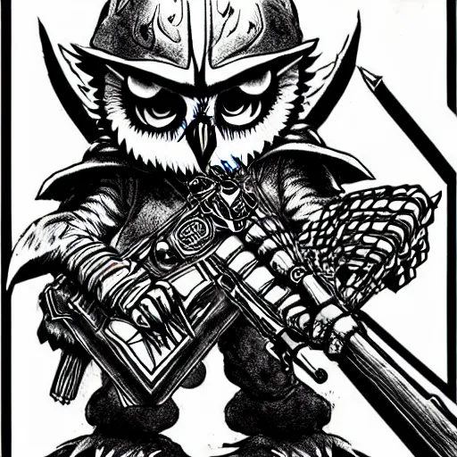 Prompt: Owl King carrying a machine gun (YU-GI-OH, Card Game), artwork by kentaro miura, Kentaro Miura style, Berserk Style, High details, cinematic composition, manga, black and white ink style, a lot of details with ink shadows