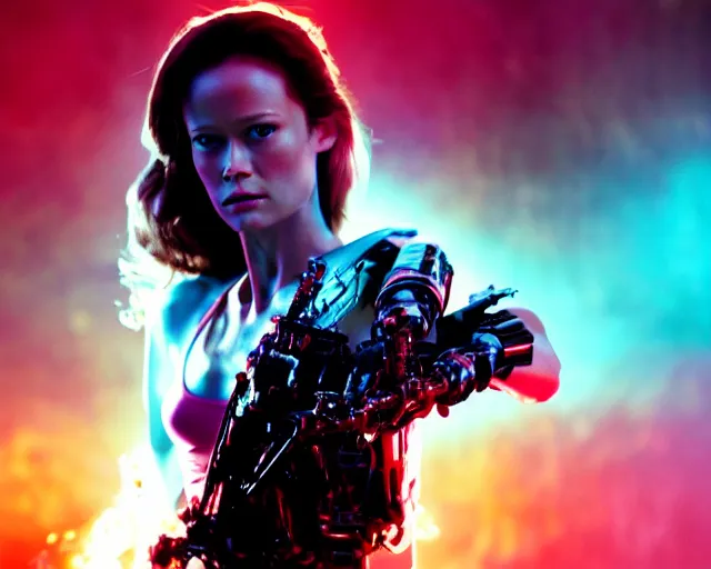 Image similar to summer glau as synthwave terminator, action movie still, 4k, cdx